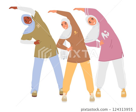 Three modern Muslim women are engaging in a group stretching exercise outdoors, showcasing their vibrant athletic wear while embracing community and wellness 124313955