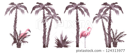 Seamless border with palm trees and pink flamingo. Watercolor illustrations monochrome tropical silhouette plants. Summer element for design invitation and card in a tropical style, cosmetic package Seamless border with palm trees and pink flamingo. Watercolor illustrations monochrome tropical silhouette plants. Summer element for design invitation and card in a tropical style, cosmetic package 124313977