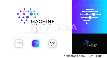 Abstract brain shape with connected circular nodes symbolizing data processing, evokes innovation and intelligence. Neural network, AI, tech branding, startup identity. Modern minimal vector logo. 124314049