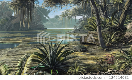 A dense prehistoric swamp landscape with vibrant greenery, tropical plants, and a tranquil marsh surrounded by lush vegetation and water reflections 124314081