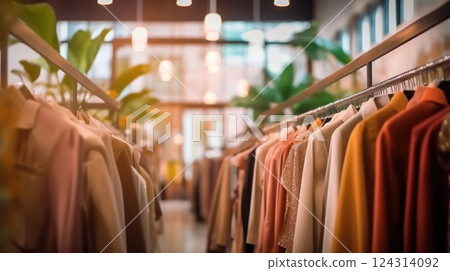 Stylish clothing boutique with pastel tones, elegant racks, and vibrant interior design. Perfect for fashion retail or modern shopping concepts 124314092