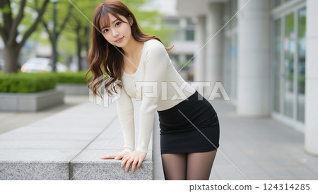 Smiling female college student on campus in spring 124314285