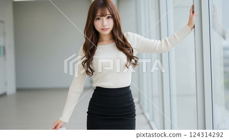 A female college student wearing a white knit standing by the window 124314292