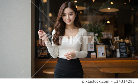 一名女大學生在咖啡館展示自己的春季時尚 一名女大學生在咖啡館展示自己的春季時尚 124314295