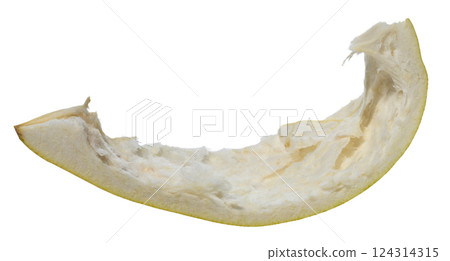 Close-up of a removed pomelo fruit peel slice, showing the fibrous texture and thick rind, isolated background 124314315