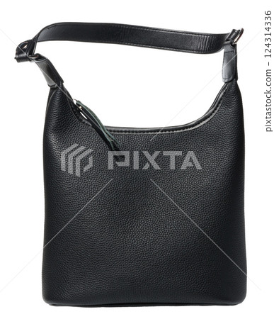 Stylish black leather handbag with shoulder strap and zip closure. Minimalist design, isolated on white background. Stylish black leather handbag with shoulder strap and zip closure. Minimalist design, isolated on white background. 124314336