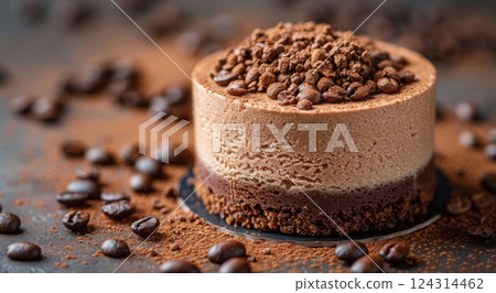 Mocha mousse cake topped with cocoa and coffee beans. Layered dessert with creamy texture, gourmet flavor, and elegant presentation for culinary enthusiasts. Color of the year 124314462