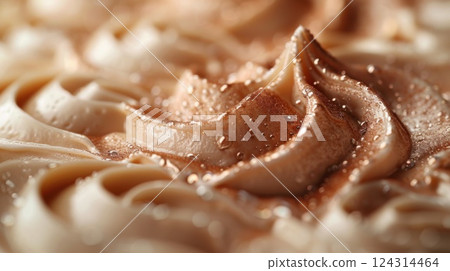 Chocolate frosting with glossy water droplets, capturing rich texture and creamy indulgence. Perfect for desserts, baking inspiration, and sweet creations 124314464