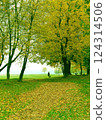 A woman walking a dog in a park near a river. Autumn fall background 124314506