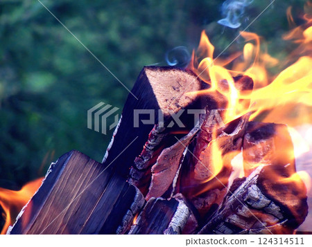 A fireplace burning in a summer, cozy evening, gathering background A fireplace burning in a summer, cozy evening, gathering background 124314511