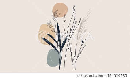 Delicate botanical illustration with minimal lines, muted earth tones, and soft textures. Organic forms, simple strokes, and a serene, nature-inspired aesthetic. Delicate botanical illustration with minimal lines, muted earth tones, and soft textures. Organic forms, simple strokes, and a serene, nature-inspired aesthetic. 124314585