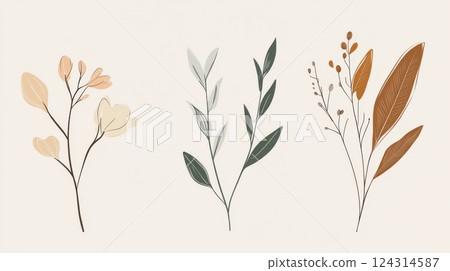Delicate botanical illustration with minimal lines, muted earth tones, and soft textures. Organic forms, simple strokes, and a serene, nature-inspired aesthetic. 124314587