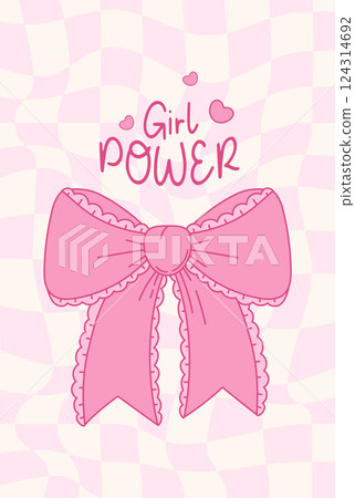 Vintage Coquette Pink Ribbon Bow on Groovy Twisted Checkered Background. Romantic Girly Vibe. Vector illustration. Cute Trendy Aesthetic card Girl power 124314692
