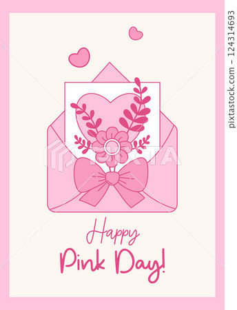 Vintage Letter of Love with Coquette Pink Ribbon Bow, Heart and Flower. Romantic Girly Vibe. Vector illustration. Trendy Aesthetic Happy Pink Day greeting card 124314693
