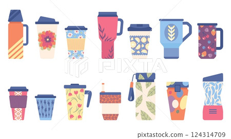Reusable travel mugs. Thermo cups and thermos for hiking, camping, walking on nature. Outside drinking coffee or tea, hot beverages, stylish neoteric vector set 124314709