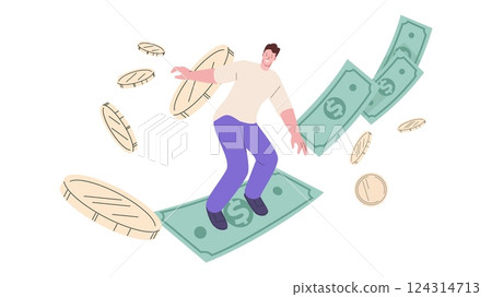 Surfing on money. Successful businessman rides banknote like surfboard or skateboard. Rich concept, financial success, gold coins, vector scene 124314713