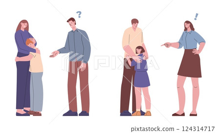 Parents scold and support children. Father mother shout at child, hug crying girl and boy. Education, empathy and help scenes. Family neoteric vector scenes Parents scold and support children. Father mother shout at child, hug crying girl and boy. Education, empathy and help scenes. Family neoteric vector scenes 124314717
