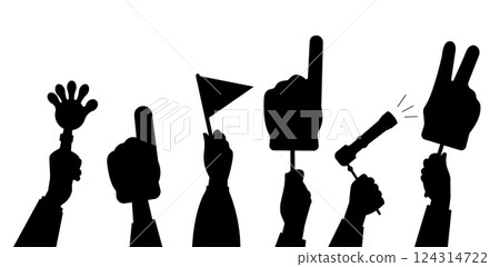 Fan hands banner. Human hand hold flag, foam fingers, beep. Isolated sport fans, festival black arm silhouettes. Party, competition vector background Fan hands banner. Human hand hold flag, foam fingers, beep. Isolated sport fans, festival black arm silhouettes. Party, competition vector background 124314722