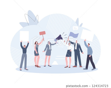 Emotional demonstration characters. Rally, strike, demonstration, people with megaphone, banners, placards and flag. Unrest of people vector scene 124314723