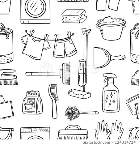 Cleaning service seamless pattern. Black outline doodle elements laundry and clean. Simple print for fabric wrapping wallpaper, neoteric vector background Cleaning service seamless pattern. Black outline doodle elements laundry and clean. Simple print for fabric wrapping wallpaper, neoteric vector background 124314724