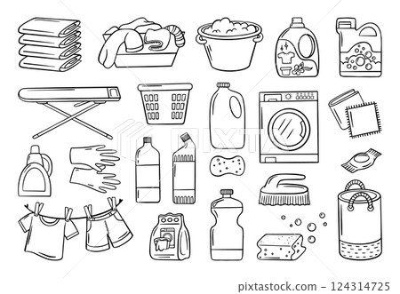Doodle laundry accessories. Wash machine, powder and liquid detergent, dirty and clean clothes on rope. Cleaning and washing neoteric vector elements Doodle laundry accessories. Wash machine, powder and liquid detergent, dirty and clean clothes on rope. Cleaning and washing neoteric vector elements 124314725