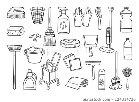 Cleaning service doodle icons. Vacuum cleaner, different brooms and scoop, brushes sponges, fabric and napkins. Household neoteric vector clipart Cleaning service doodle icons. Vacuum cleaner, different brooms and scoop, brushes sponges, fabric and napkins. Household neoteric vector clipart 124314726