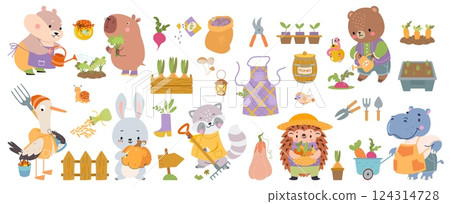 Animals working in garden. Cute animal watering plants, harvesting vegetables and fruits. Cute bear hedgehog raccoon rabbit. Garden nowaday vector characters 124314728