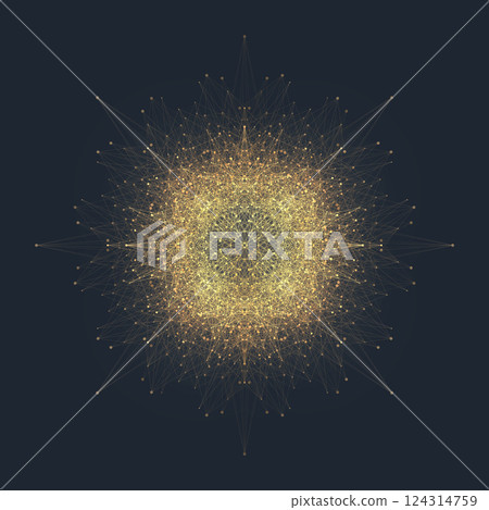Digital fractal element with connected golden lines and dots. Minimal lines plexus array. Big data complex visualization. Vector illustration 124314759