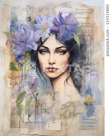 Ethereal Beauty with Flowers Elegant Art Illustration of a woman wearing a floral crown in a romantic and stylish way Ethereal Beauty with Flowers Elegant Art Illustration of a woman wearing a floral crown in a romantic and stylish way 124314860