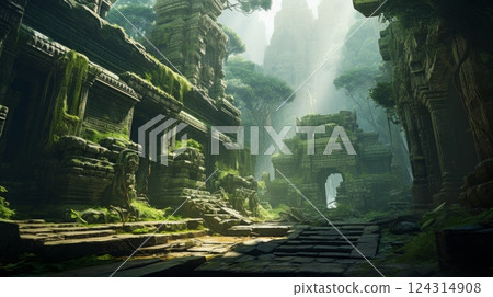 Lost in the heart of the jungle, an ancient temple stands, its ruins overgrown with lush greenery under the sunlight Lost in the heart of the jungle, an ancient temple stands, its ruins overgrown with lush greenery under the sunlight 124314908