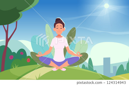 Yoga lessons. relax time outdoor female characters sitting in yoga asana. cartoon background 124314943