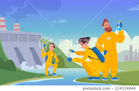 Water samples. Characters scientists take water samples from polluted sources 124314944