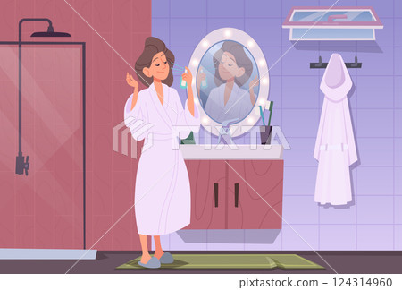 Beauty care. Woman cleaning skin with special cosmetic water or creamy exact vector cartoon background for beauty salon services Beauty care. Woman cleaning skin with special cosmetic water or creamy exact vector cartoon background for beauty salon services 124314960