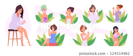 Face cleaning. Woman self skincare with beauty products exact vector graphic illustrations set Face cleaning. Woman self skincare with beauty products exact vector graphic illustrations set 124314962
