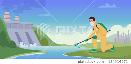 Scientists test water. People in uniform working ant testing waters quality exact vector background template Scientists test water. People in uniform working ant testing waters quality exact vector background template 124314971