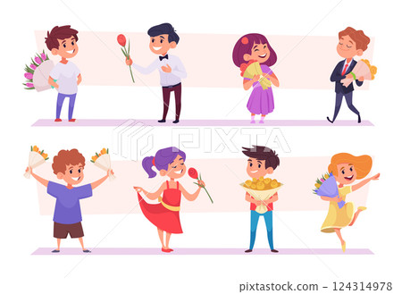 Kids flowers. Little people holding in hands perfect beautiful flowers exact vector illustrations of nature gifts Kids flowers. Little people holding in hands perfect beautiful flowers exact vector illustrations of nature gifts 124314978