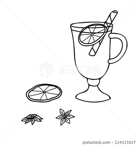 Mulled wine glass or gluhwein with dried Orange Slice and Anise stars set. Black and White hand drawn vector Sketch illustration in Doodle style. Winter wine drink Line art for cafe, bar menu 124315027