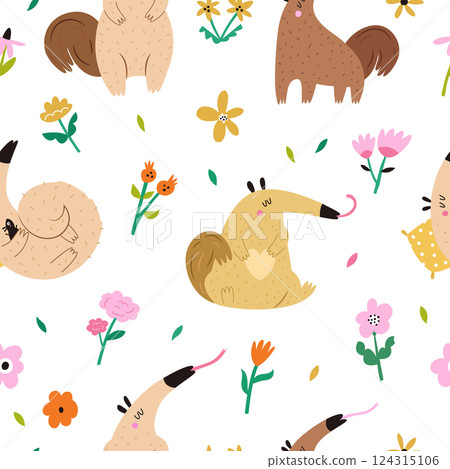 Vibrant seamless pattern with funny anteater characters and blooming flowers 124315106