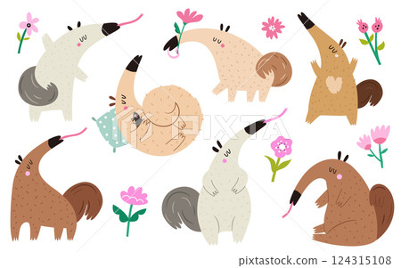 Vector illustrations of cute anteaters with blooming flowers in a childish flat style. 124315108