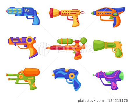 Toys weapons plastic set. Bright pistols and guns, blaster, water gun. Children game cartoon accessories, active play and shooting. Nowaday vector clipart 124315176