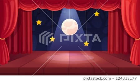 Theater stage with curtains. Empty scene with red luxury curtain, moon and stars decorations and spotlights. Wooden stage for entertainment, nowaday vector illustration 124315177