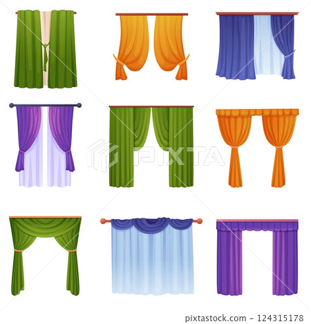 Window cartoon curtains. Home textile for windows decoration, various curtain and tulle, portiere, lambrequin. Kitchen living room interior nowaday vector elements Window cartoon curtains. Home textile for windows decoration, various curtain and tulle, portiere, lambrequin. Kitchen living room interior nowaday vector elements 124315178