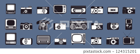 Retro media black stickers. Different technique for home, media and music device. Video cassette, photo camera, television, phone, racy vector set 124315201