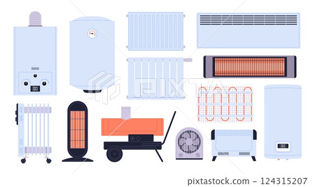 Heating system elements. Heat fan, hot air conditioner, boilers and radiators. Electric radiator, isolated different flat appliances for home, racy vector set 124315207