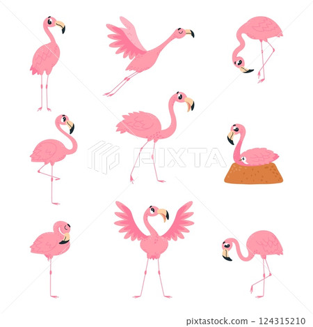 Cartoon flamingo. Pink flamingos birds, isolated tropical animals characters in different poses. Funny bird flying, sit in nest, sleep, classy vector set Cartoon flamingo. Pink flamingos birds, isolated tropical animals characters in different poses. Funny bird flying, sit in nest, sleep, classy vector set 124315210