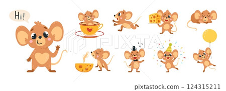 Funny mice. Cartoon mouse with cheese, rest in cup, singing, flying on balloon. Cute tiny animal sleep and run, children emotional mascots, classy vector set 124315211