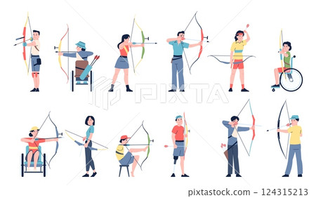 Archers sport characters. Male female archery athletes, disabled athlete with arrow and bow. People shooting to ait or target, recent vector set 124315213
