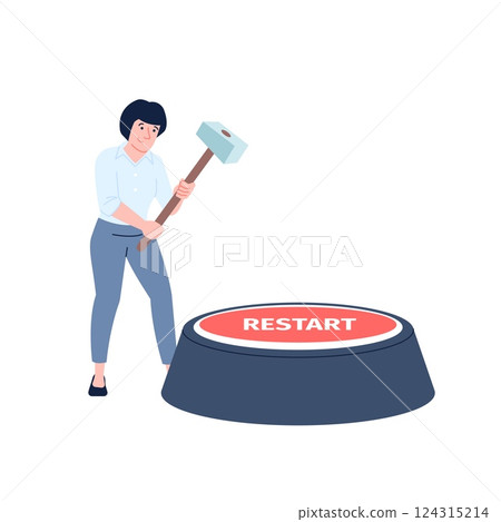 Businesswoman press restart button with giant hammer. New look on business, owner updates work processes. Renewal flat recent vector scene 124315214