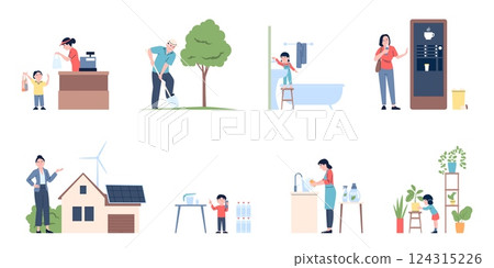 Eco friendly lifestyle. Adults and children using recycled materials and items, save water and economy energy. Ecology habits recent vector flat scenes 124315226