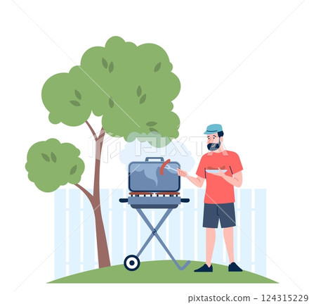Man bbq. Flat guy grilled sausages on backyard. Seasonal barbeque, unhealthy tasty food. Male characters cooking on open fire outdoor, recent vector scene 124315229